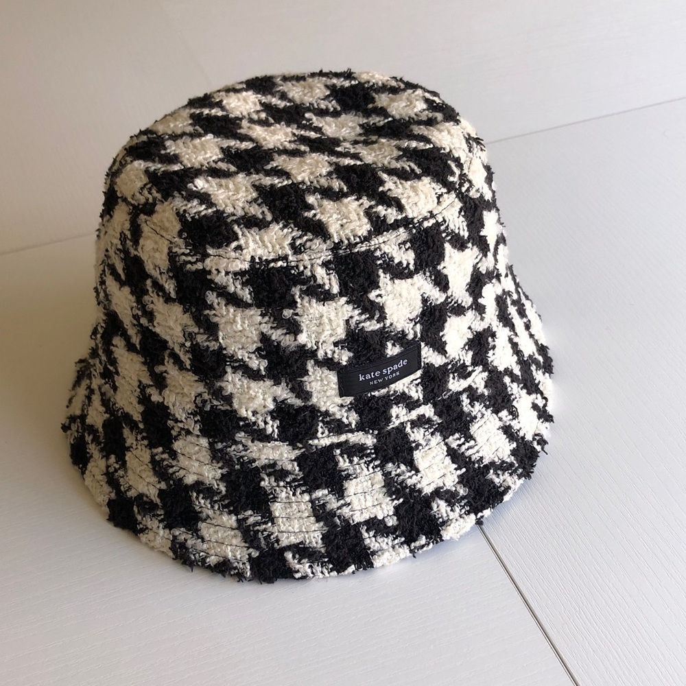 NEW KATE SPADE Black & White Houndstooth Bucket Hat reversible NWT $88.00